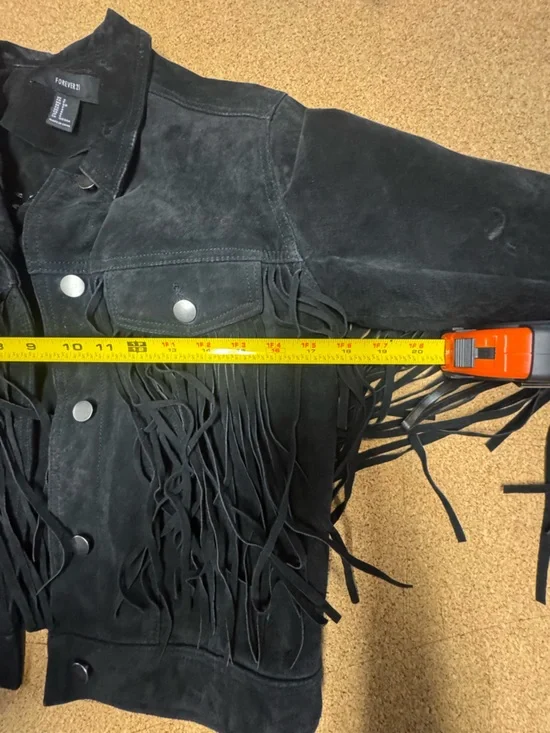 Forever 21 Black Suede Fringe Jacket Spiked Cowgirl Western Festival Punk Small - Picture 13 of 15